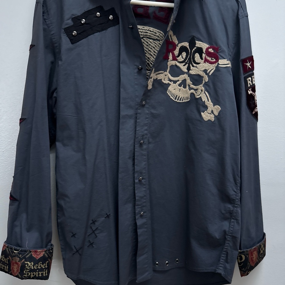 EUC Rebel Spirit Long Sleeve Button Down Embellished Shirt Rock goth Y2K Grunge